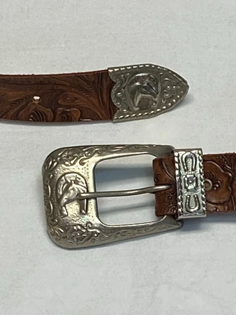 C&ck Tooled Leather Ornate Silver Tone Buckle Narrow Belt Brown Cowgirl Western